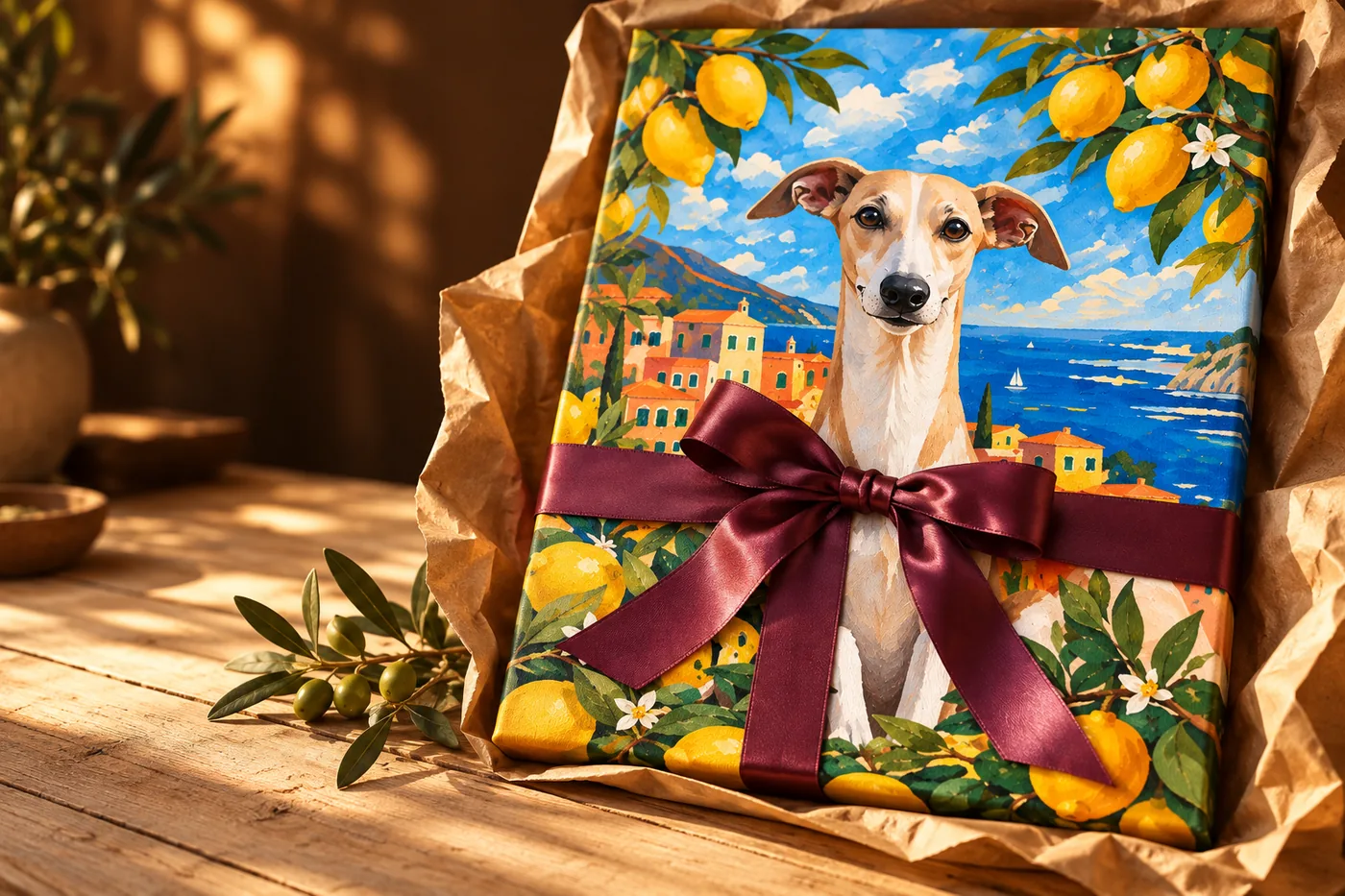 Toile du whippet emballée dans du papier kraft avec un ruban aubergine.