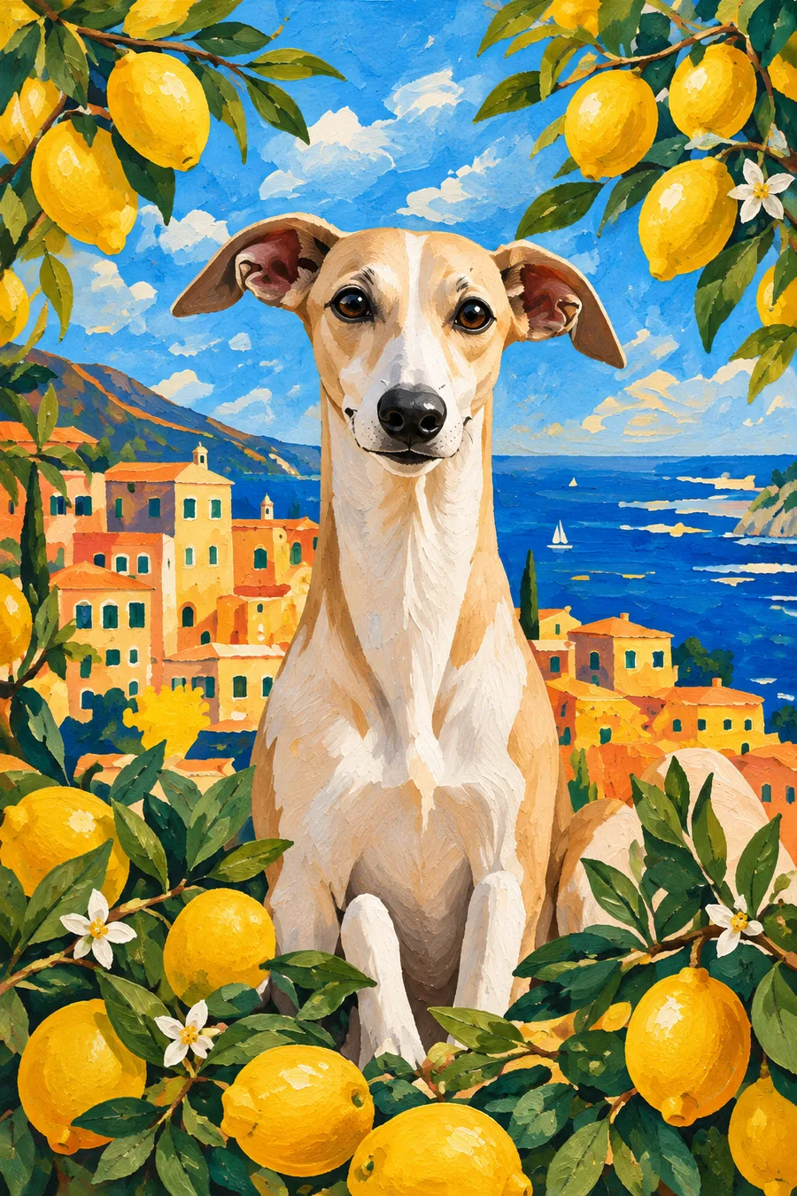 Portrait illustré d’un whippet assis de face, entouré de citrons devant la Méditerranée.